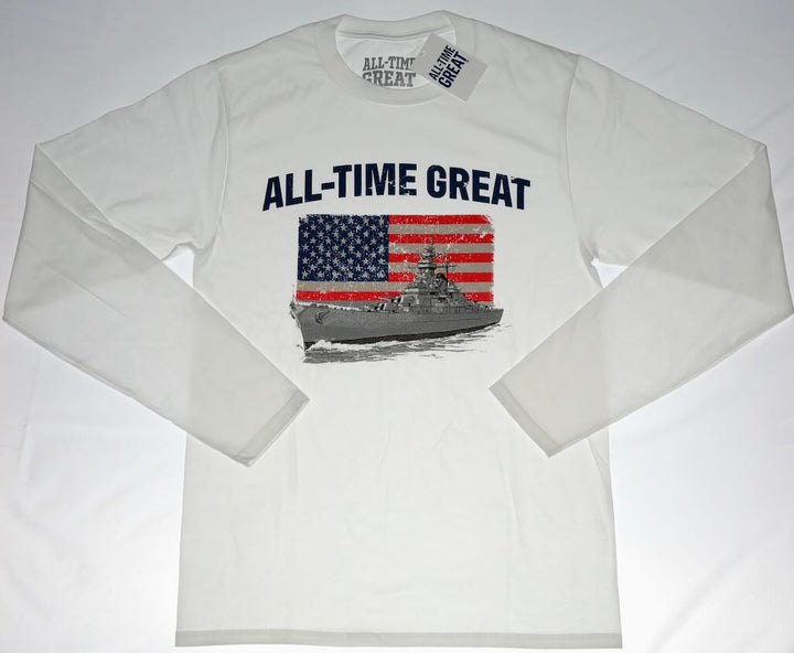 All Time Great Americana US Flag over battleship long sleeve T shirt